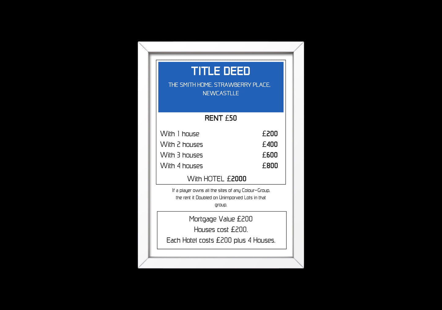 Monopoly title deed print // Board Game // Monopoly // New Home // New house // Title deed
